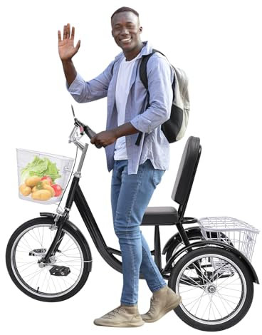 SOLOCJNL 20 Zoll Dreirad für Erwachsene, 3-Rad Erwachsene Dreirad mit Einkaufskorb und Rückenlehne, Höhenverstellbar, Stoßdämpfende Reifen, Anti-Rutsch