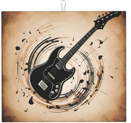 WHJYYXDE Alfombrilla de secado con patrón de instrumentos musicales para guitarra, bajo, para cocina. El centro está hecho de esponja compuesta reversible con cordón