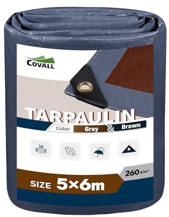 Covall Telo Telone Teloni Occhiellato impermeabile bicolore 260g/m² grigio/marrone super resistente con occhielli rinforzati per tetto, giardino, copertura, piscina, tenda da campeggio(5x6m)