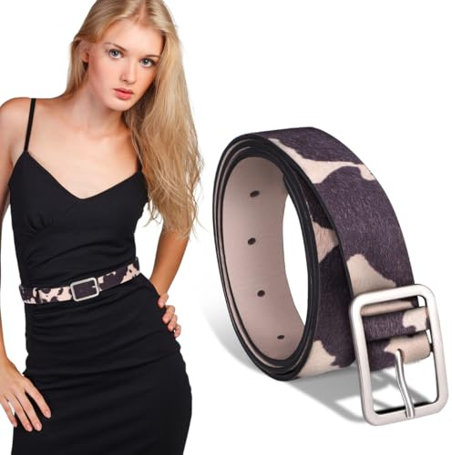 Veemoon Cow Print Adjustable Waist Belt, Cow Print Belt Imitation Horse Hair Cowhide Style Black and White Pattern Pu Material Western for Jeans Pants Dress 39.30X1.14X0.47in