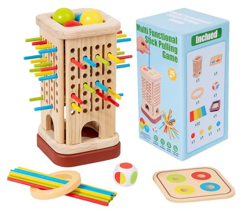 Generisch Wooden, Tower Game, blocs d'empilage de 7,32 x 3,82 pouces, bâtons colorés, entraînement de patience, dice inclus, jeu familial amusant pour filles, garçons, enfants