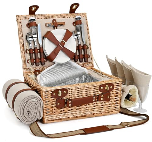 Picnic Basket with Blanket and Wine Pouch for 4, Wicker Picnic Set with Insulated Liner Cooler Bag Hamper for Camping,Wedding - Natural