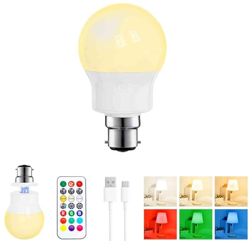 Lampadina LED Ricaricabile B22 con Telecomando, Dimmerabile, Magnetica, Batteria Integrata, 3 Temperature Colore + 9 RGB, 480LM, 3 Timer, per Lampade Senza Corrente, Campeggio & Emergenza 1 Pack