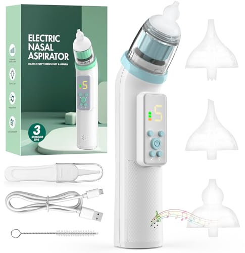 VIBINHO Aspiratore nasale elettrico per bambini con 5 livelli di aspirazione, aspiratore nasale elettrico con display, ricaricabile tramite USB, con 3 ugelli in silicone e pinzette, funzione musicale