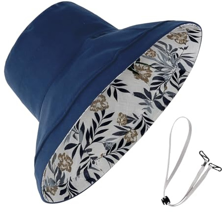 Hittriu Reversible Bucket Hat Women with Removable Guy Lines, Lightweight Foldable Bucket Hat, UV Sun Protection Wide Brim Fisherman Cap for Travel Summer Beach Hiking (Navy Blue)
