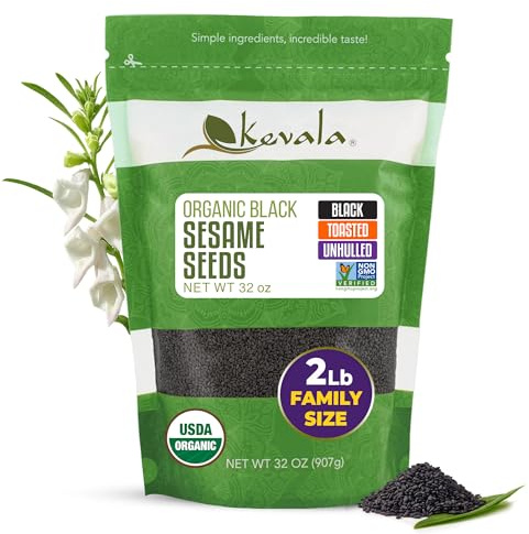 Kevala Organic Black Toasted Sesame Seeds - Unhulled Seeds for Baking and Cooking, Roasted Black Sesame for Asian Cuisine, Contain Unsaturated Fats and Lignans, Convenient Resealable Bag, 2 lb, 32 oz