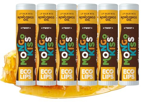 LIP BALM Mongo Kiss 6-Pack (6 tubes) Vanilla Honey by Eco Lips 100% Organic Beeswax & Cocoa Butter Lip Care with Organic Mongongo Oil - Soothe & Moisturize Dry and Cracked Lips - Made in USA
