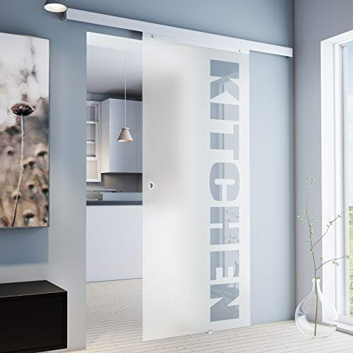 inova Glas-Schiebetür Komplettset 880x2035mm KITCHEN 8mm Zimmertür Schiebetürbeschlag mit Alu Laufschiene und Quadratgriff inkl. Softclose