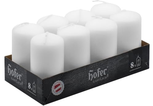 Hofer Candele Bianche a Colonna - 4,5 x 9 cm - Set di 8 Piccole Candele Decorative Cilindriche - Colore Bianco - Lunga Durata di 12 Ore - Cera Antigoccia - Non Profumate - Qualità RAL