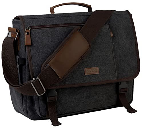 VASCHY Messenger Bag, Waxed Canvas Man Bag 15.6 inch Laptop Shoulder Bag for Men Women Water Resistant Briefcase Satchel with Shoulder Strap and Luggage Sleeve for Work,School,Business Trip (Grey)