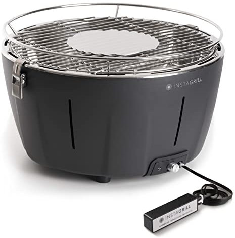 Barbecue de table sans fumée à charbon avec batterie rechargeable incluse. Diamètre : 34 cm. S'allume en 5 minutes (Noir Anthracite)