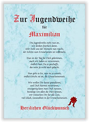 Urkunde als Geschenk zur Jugendweihe Jungen Mädchen - Geschenkurkunde personalisiert - mit Name toller Spruch Karte Gedicht Party Deko
