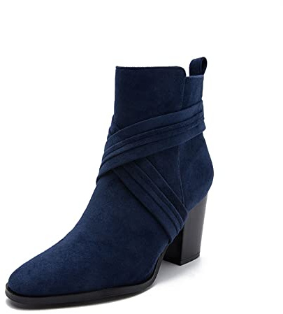 SWZEC Bottines Femme Talon Bloc Casual Sexy Chaussure Mode Botte Classique Bottines en Daim Talon Haut Bloc 8 CM (37,Bleu)