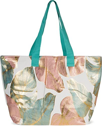 styleBREAKER Damen Strandtasche mit Palmen Blätter Print Metallic, Reißverschluss, XXL Schultertasche, Shopper 02012390, Farbe:Petrol-Rose