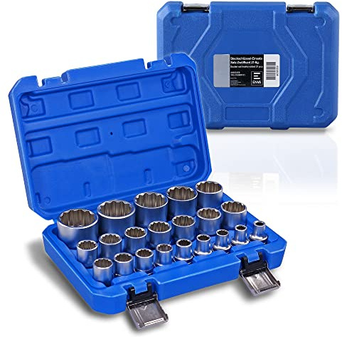 ENVA Steckschlüssel Einsatz Satz 21-TLG. 12-kant/Zwölfkant 1/2 Zoll Antrieb und Vielzahn Nuss Satz aus CV Stahl 8-36mm Stecknuss-Satz Schraubenschlüssel Einsatz für KFZ und mehr