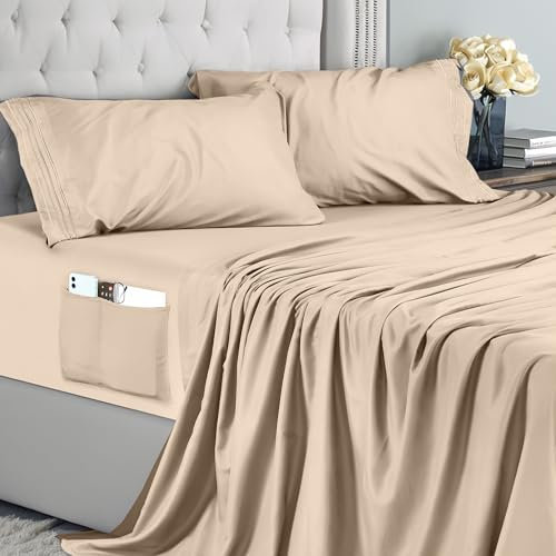 Utopia Bedding Juego de Sabanas 4 Piezas 150x200 - Microfibra De Poliéster, Sábana Bajera con Bolsillos de Almacenamiento, Sábana Plana Y 2 Fundas De Almohada Bordadas (Cama 150, Beige)