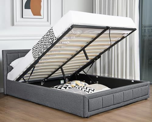 UKFR Linen Fabric King Size Upholstered Ottoman Bed Frame, Gas Lift Up Bed With Storage, 5ft Dark Grey No Mattress