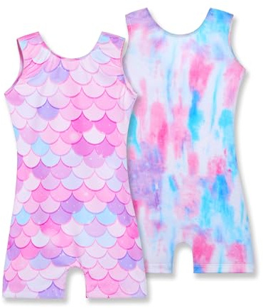 Nymphperi Leotards Gymnastics for Girls Size 4t 5t Pink Mermaid Scales Biketards with Shorts Colorful Tie Dye Ballet Unitards