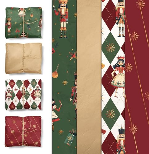 NICROLANDEE, carta regalo di Natale vintage, verde, rosso, carta velina natalizia con fiocchi di neve in lamina d'oro, per Natale, Capodanno, compleanni, matrimoni, 50 x 38 cm