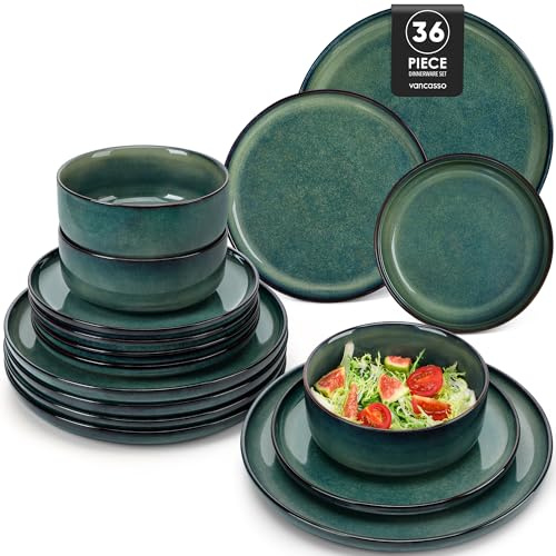 vancasso STARRY Set di Piatti per 12 Persone, Servizio da Tavola 36 Pezzi in Gres con Smalto Reattivo Verde, con 12 Piatti Piani, 12 Piatti da Dessert e 12 Ciotole per Cereali