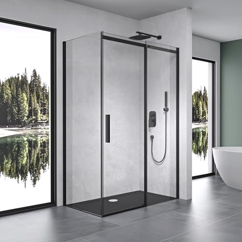 Mai & Mai Paroi de douche cabine de douche Noir 90x140 avec porte de douche coulissante montage à gauche ou droite verre trempé transparent receveur compris RAV18