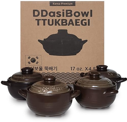 DDasiBowl – 4-Pack Korean Clay Pots (17oz / 500ml) with Lids & Handles – Ttukbaegi Stone Bowls for Cooking Bibimbap, Donabe Style Korean Clay Cookware – Oven & Stovetop Safe
