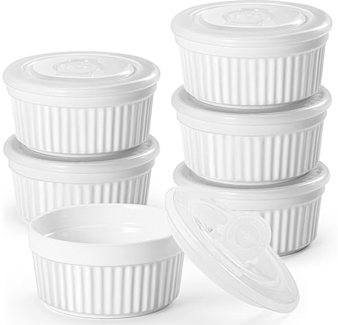 Bgtecho 8 oz Ramekins with Lids, Set of 6 Custard Cups for Baking, Creme Brulee Ramekins Bowl, Porcelain Creme Brulee Souffle Dishes, White Pudding Custard Cup, Dishwasher and Oven Safe(White)