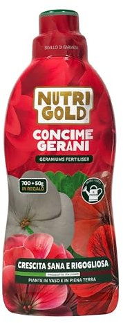 NutriGold® Geraniendünger | Speziell für Geranien im Topf oder Garten – Üppige Blüten und leuchtende Farben – Nährstoffe aus lokaler Produktion – Flüssig 700 g + 50 g gratis