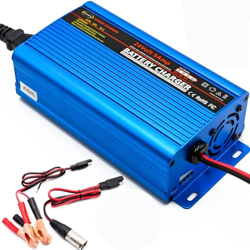 24V Autobatterie Ladegerät 5A intelligent vollautomatisch Erhaltungsladung mit I/O Schalter XLR 3 polig und Krokodilklemmen für AGM Gel Bleiakkus (EU Stecker)