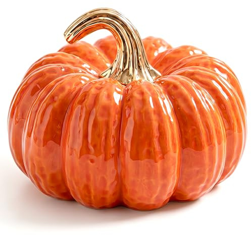 Quancru Zucche artificiali arancioni in ceramica, 20 cm, grandi statuette finte di zucca di Halloween, per autunno, raccolto e Ringraziamento, casa, centrotavola, artigianato, decorazioni per esterni
