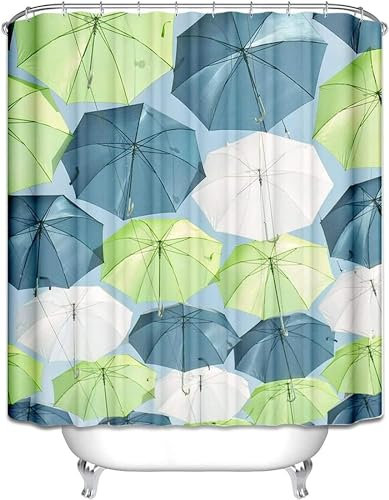 Cortina de Ducha Antimoho 180x200 cm Paraguas Cortinas de Baño 3D Cortina Ducha Paraguas Verde Lavable Poliester Tela para Bañera con Ganchos A-1934