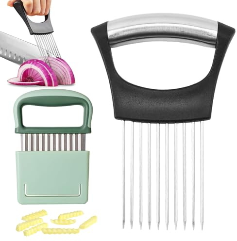 SZZETK Hoja de Patata Corrugada y Rebanador de Cebolla, Cortador de Ondas, Soporte de Ceboll, Ayuda de Corte de Acero Inoxidable, Para Cortar Carne, Verduras, Frutas, Patatas, etc