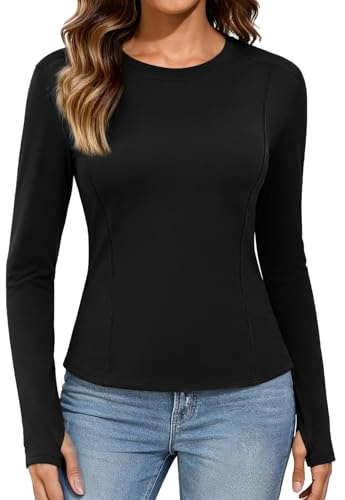 UMIPUBO Thermal Tops Womens Long Sleeve Sports Running Base Layer Fleece Lined Ladies Cropped Top Underwear Warm Shirt with Thumb Hole Slim Fit Basic Lightweight for Gym Yoga Workout (Black, M)
