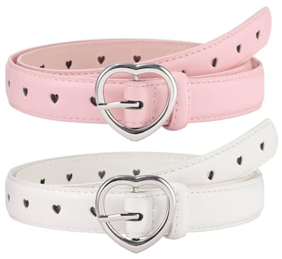 Coubeau 2 Pièces Ceintures Enfant Fille, Boucle Cœur Ajustable, Cuir PU Doux, Ceinture pour Uniforme Scolaire 3-12 Ans