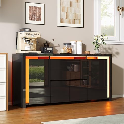CXHLXYR Buffet Noir Brillant,Buffet Noir Laqué 4 Portes 2 Tiroirs avec LED,Buffets Bas Meubles de Rangement Commode Basse avec Tiroir pour Cuisine Couloir Salon Entrée(4 Portes, 2 tiroirs-1, Noir-B)
