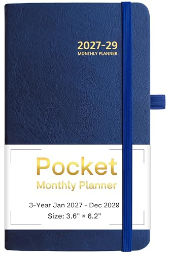 Agenda mensuel de poche 2027-2029, calendrier 3 ans 2027-2029, 15,7 x 9,1 cm, petit calendrier 2027, 36 mois de janvier 2027 à décembre 2029, couverture rigide, poche arrière, papier épais, léger à