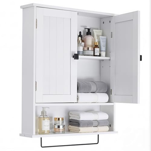 Warmiehomy Bathroom Wall Cabinet with 2 Doors,Towels Bar 56x11.5x65cm,White | Bathroom Cabinet Wall Mounted Bathroom Cabinet Storage Organizer Open Wooden Cupboard Hidden Storage for Living Room Kitchen