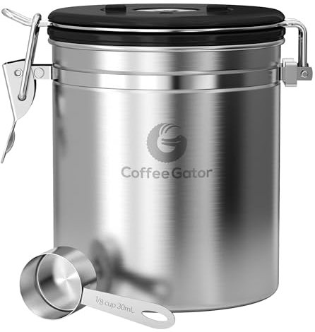 Coffee Gator Kaffeedose Edelstahl, Luftdicht Vorratsdose mit Deckel, Datum Tracker, CO2-Freigabeventil, Messlöffel, für Kaffeebohnen, Kaffeepulver, Nüsse, Tee, Zucker, Mehl