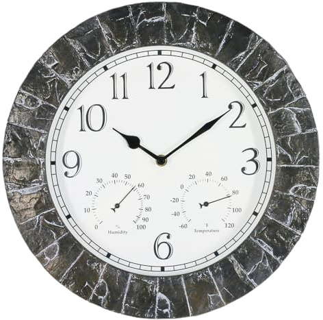 BESTIME CC-941 14-Inch Plastic Clock Slate Grain Color.Thermometer,Hygrometer.Indoor,Outdoor,Weatherproof,Weather Resistant,Ideal,Garden,Farmhouse.