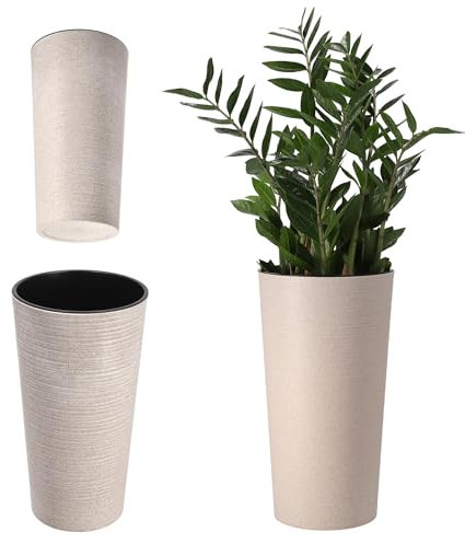 KADAX Cache-Pot décoratif crème ⌀ 19 cm x H 36,8 cm, Plastique avec éclats de Bois, Insert Amovible – Pot léger pour Salon ou Balcon