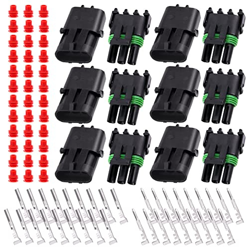 Swpeet 84Pcs 3Pin Male & Female Pin Waterproof Automotive Electrical Wire Connectors Terminals Plug with Rubber Cable Seal Assortment Kit, 22-14AWG Wire Harness Spark Plug Terminals Plug