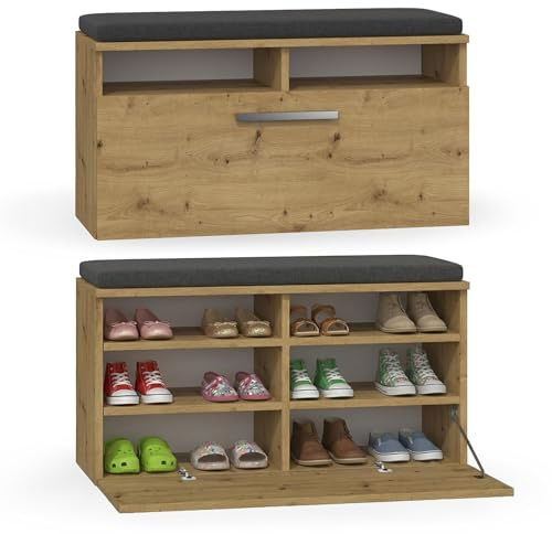 CDF Schuhschrank mit Sitzbank Sitzkissen Flurbank Schuhkommode Garderobenbank mit Kipptür 6 Fächer Flurmöbel modern Aufbewahrung Truhe für Flur Diele 85 x 35 x 46 cm - Eiche Artisan