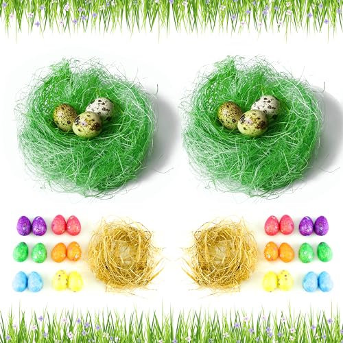 HOVUK Erba pasquale da 60 g con 24 uova glitterate per Pasqua, confezione regalo, erba verde e uova di Pasqua per cestino, cofano, cappello, feste, decorazioni pasquali