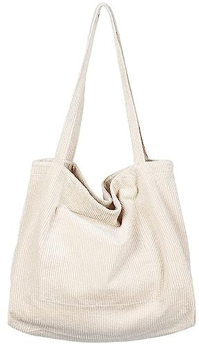 Damen Grosse Kapazität Cord Tragetasche, Beiläufig Einkaufstasche, Groß Shopper Tasche, Crossbody Tasche Kord, Damen Umhängetasche mit Reißverschluss, für Arbeit, Einkaufen, Schule (Weiß)