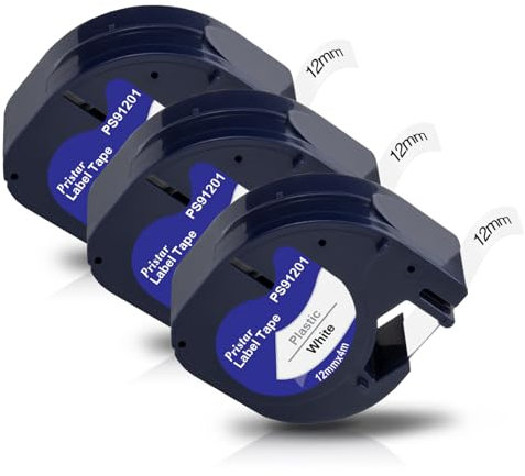 Pristar 3x Schriftband Kompatible für Dynmo 12mm x 4m Etikettenband 91221 S0721660 Kunststoff Schwarz auf Weiß Kompatible für Dynmo XR Bänder LT-100H LT-100T 200B 80 Beschriftungsgerät