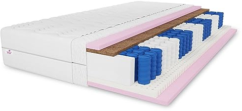 MARPUR 7 ZONEN Taschenfederkernmatratze Comfort 200X200 cm, Latex -Kokos Matratze Härtegrad H3/H4, Höhe ca. 20cm, Farbe: Weiß, inkl. Bezug