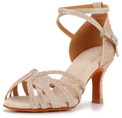 Syrads Scarpe da Ballo per Donna Salsa da Ballo Latino Scarpe da Ballo Aperte in Punta per spettacoli di Nozze per Feste sociali per Principianti,Oro 7.5cm Heel,38 EU