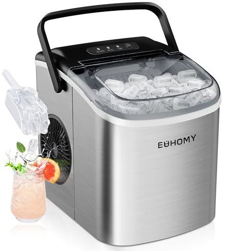 EUHOMY Máquina de hielo pequeña, 9 cubitos de hielo en 6 minutos, 12 kg/24 H, máquina de hielo de acero inoxidable con mango portátil, máquina compacta de hielo autolimpiante para el hogar/cocina