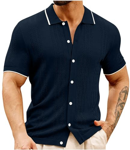 Camisa de Manga Corta Hombre Camiseta Tejido de Punto Casual Color sólido Verano Oficina Elegante Cuello en V Botones Moda Original T-Shirt Camisa Slim Fit Fiesta Tops tee Traje