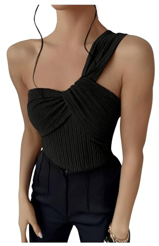 GORGLITTER Women's Twist Front One Shoulder Bodysuit Sleeveless Backless Asymmetrical Neck Tank Top Jumpsuits Black Medium